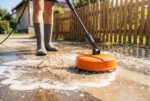 A surface cleaner pressure washing a concrete walkway